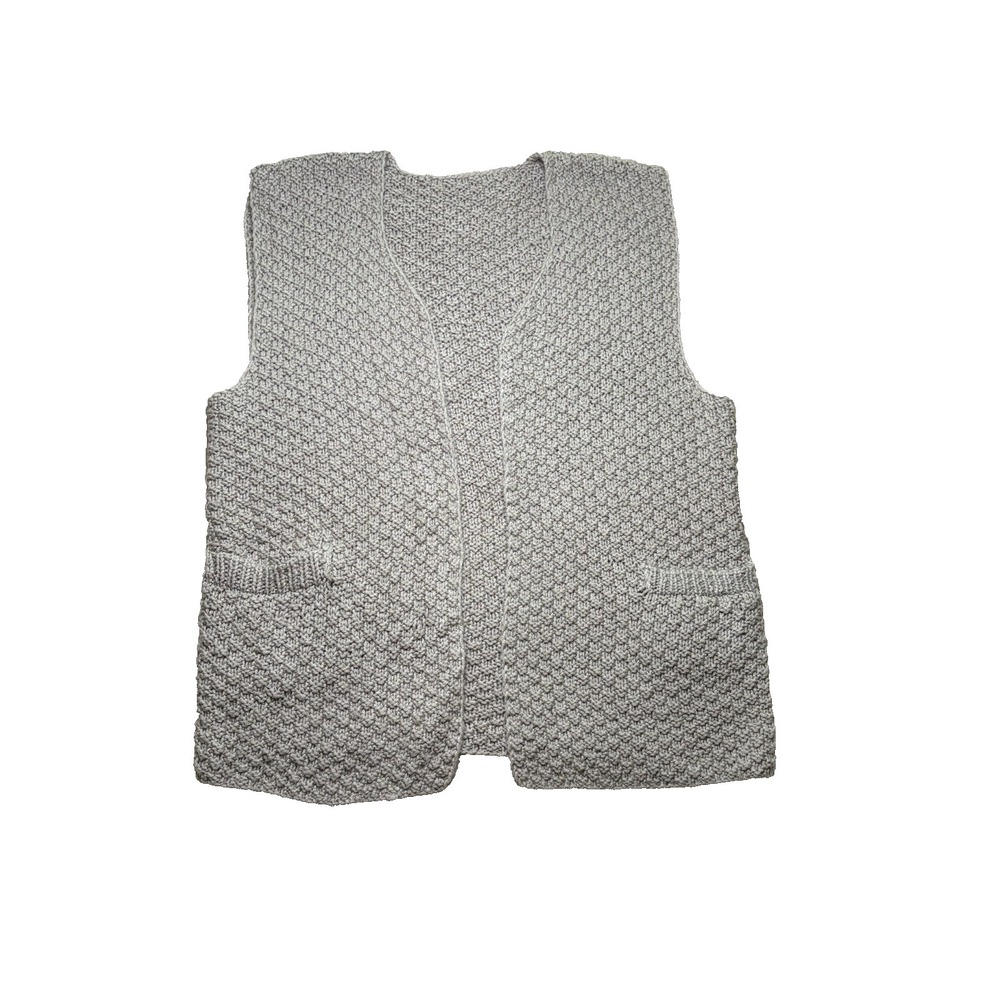 Hand Knit Sweater Vest Gray Chunky‎ Knit Open Front Boho Pockets Cottagecore